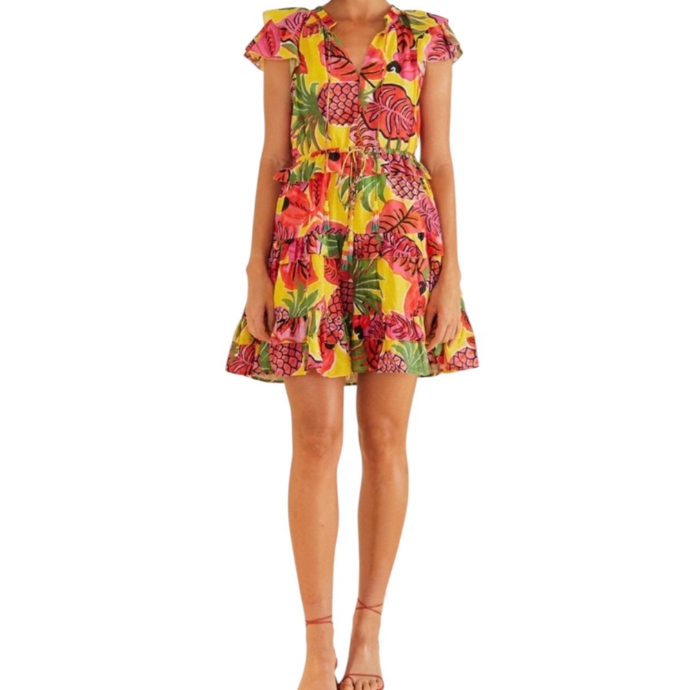 Farm Rio Fruit Dream Ruffle Mini Dress Yellow Tropical Pineapple Tiered XL